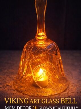 Viking Art Glass Bell Amber Gold MCM Decor Clapper Missing Display